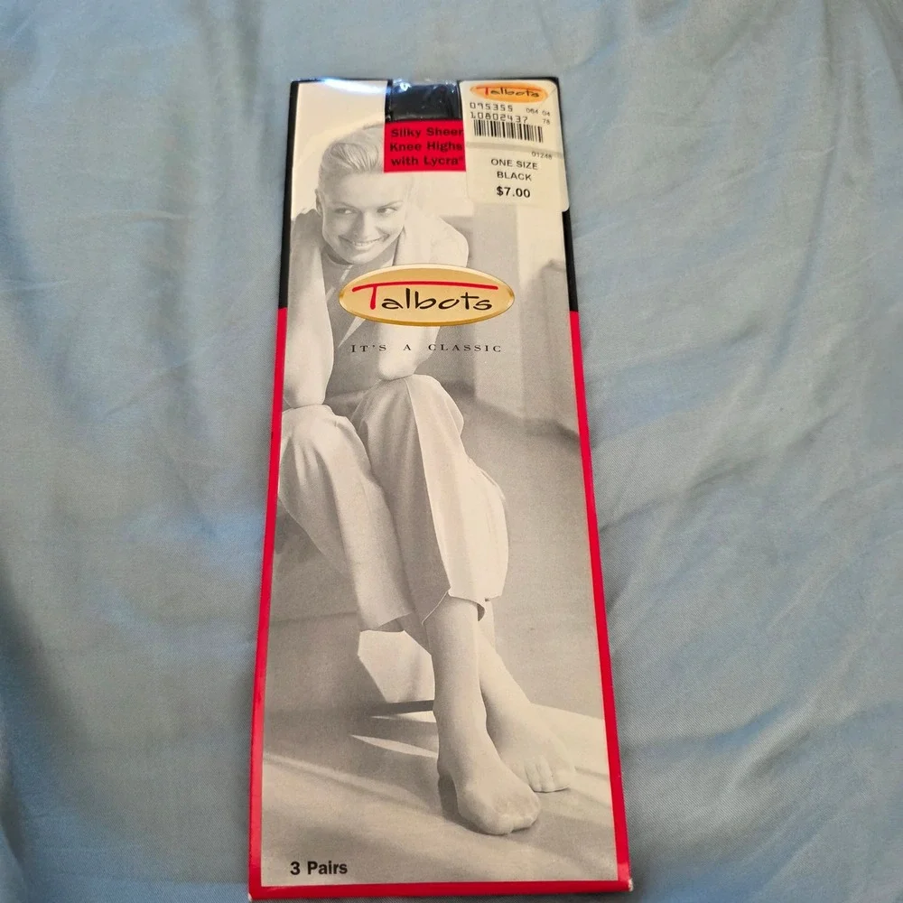 Talbots Knee Highs Nylons Black Silky Sheer Lycra 3 Pairs Womens OS NIB